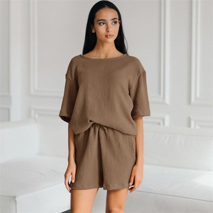 Solid Color Crewneck Short Sleeve T-Shirt and Shorts Set - Loose Fit, Lightweight Loungewear