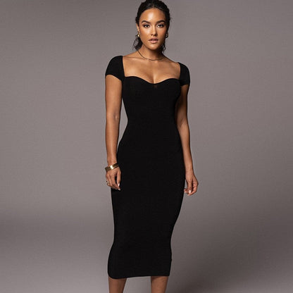 Ribbed Maxi Dress in Solid Color and Slim Fit