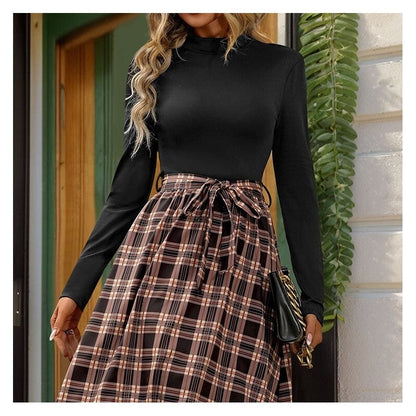 Plaid A-Line Dress with Chic Stand Collar