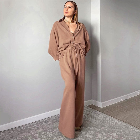 Solid Color Long Sleeve Lapel Buttoned Blouse and Pants Two-piece Lounge Set