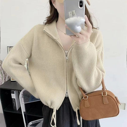 Solid Color Long Sleeve Zipper Drawstring Hemline Knitted Cardigan Sweater