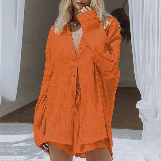 Cozy Relaxed Fit Long Sleeve Shorts Lounge Set