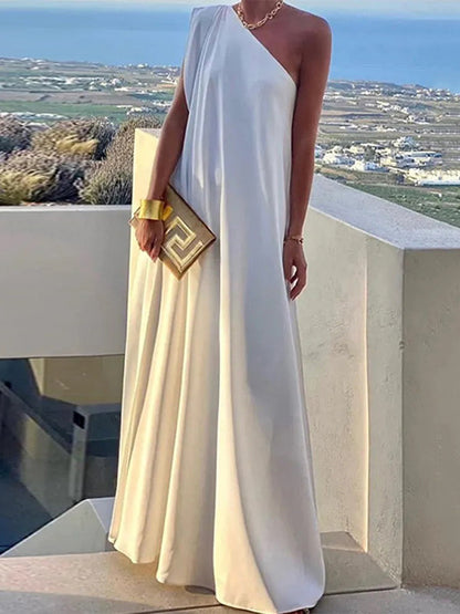 Flowy White One-Shoulder Maxi Dress with Asymmetrical Hem