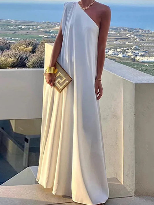 Flowy White One-Shoulder Maxi Dress with Asymmetrical Hem