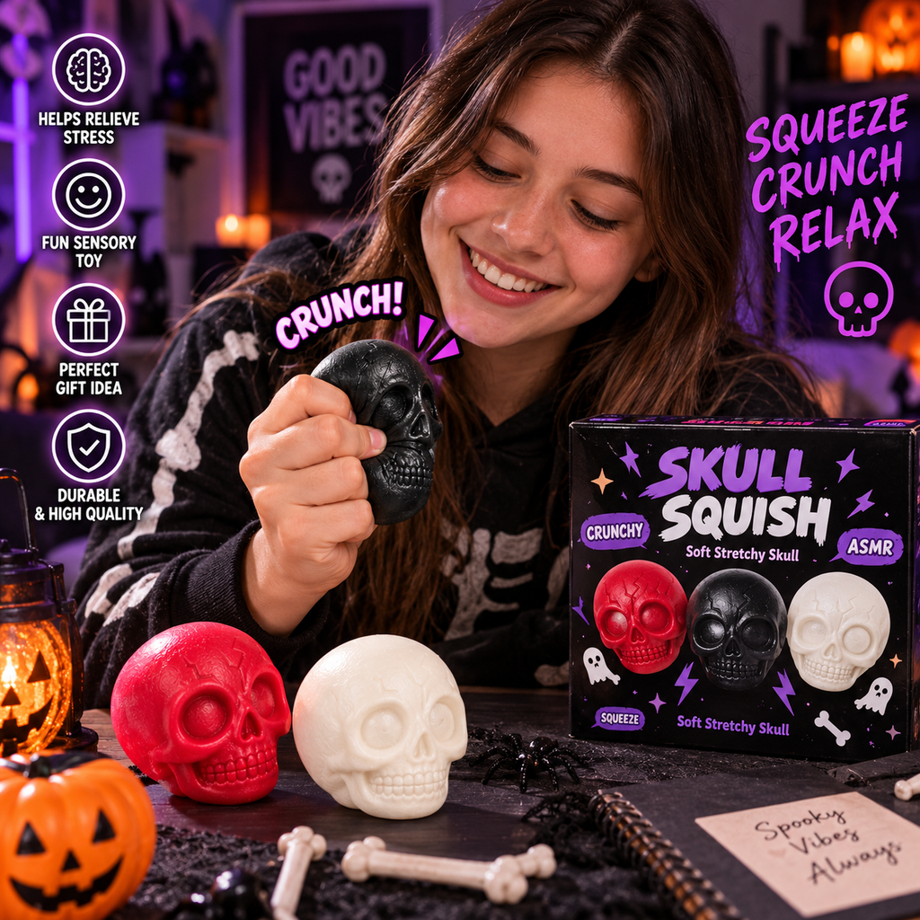 Crunchy Squishies Skull Squish Squeeze Toy 2-Pack – Mystery Color Crispy Crunch Soft Stretchy Stress Balls | ASMR Sensory Fidget Toys for Adults & Kids | Halloween Skull Squishies