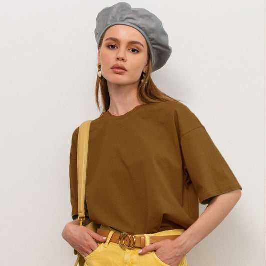 Casual Loose Solid Color Cotton Crewneck T-Shirt