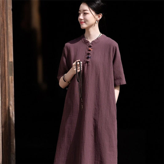 Stand Collar Short Sleeve Cheongsam Dress in Solid Color