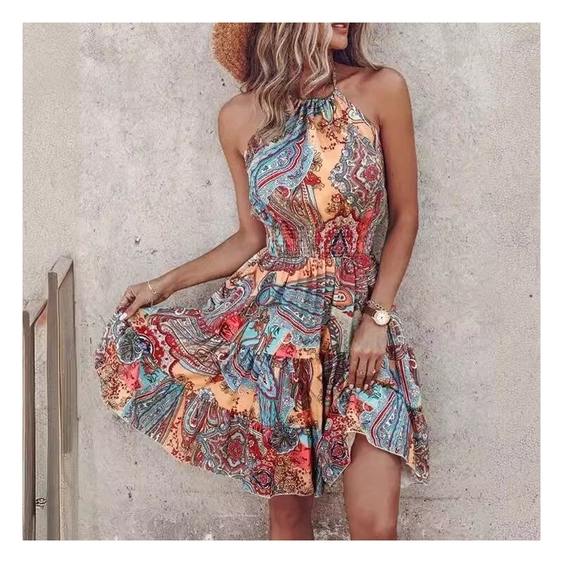 Stylish Off-Shoulder Halter Neck Print Dress