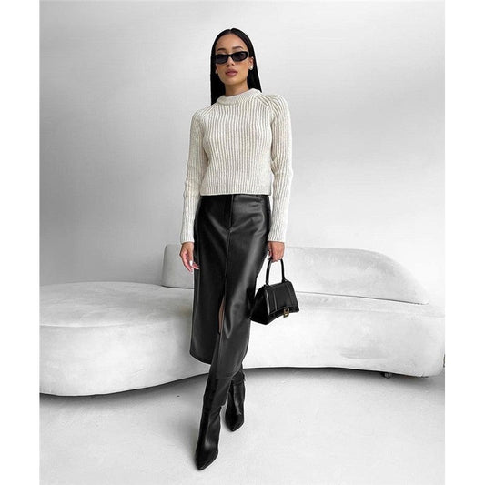 Retro High-Waisted PU Leather Skirt with Split Design