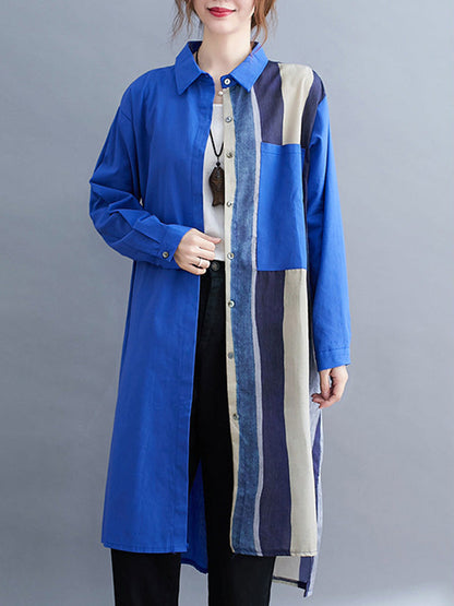 Original Buttoned Contrast Color Split-Joint  Long Sleeves Lapel Blouse