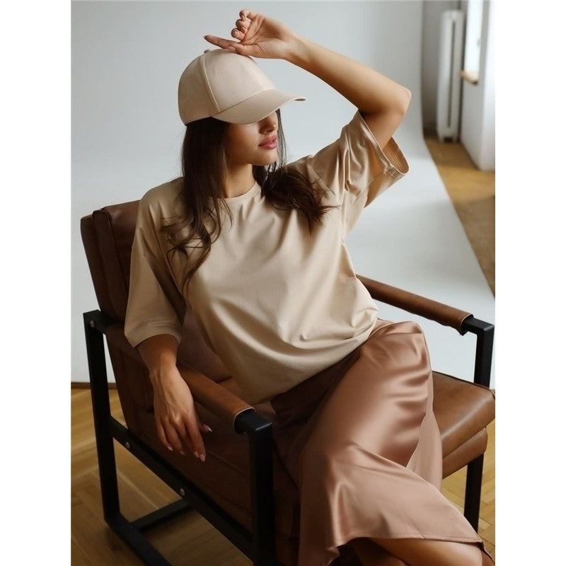 Casual Loose Solid Color Cotton Crewneck T-Shirt