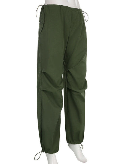 High Waisted Loose Drawstring Pleated Solid Color Pants Trousers