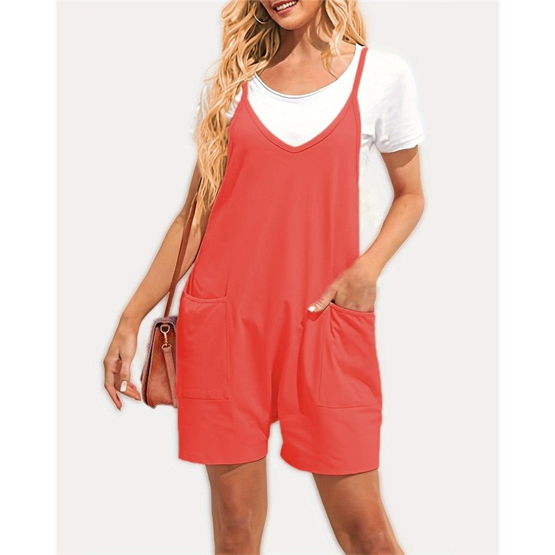 Solid Color Spaghetti Straps Sleeveless Pockets Casual Loose Short Jumpsuits