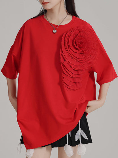 Loose Short Sleeves Asymmetric Solid Color Three-Dimensional Flower Round-Neck T-Shirts Tops