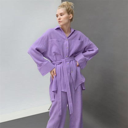 Solid Color Loose Long Sleeve Lapel Buttoned Waist Tied Blouse and Pants Two-Piece Loungewear Set