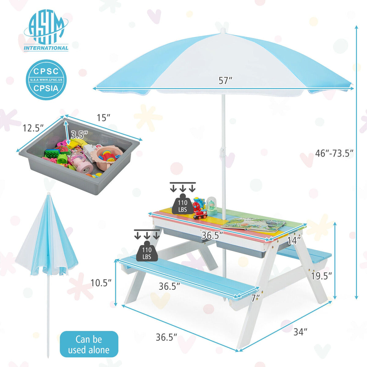 3-in-1 Kids Outdoor Picnic Water Sand Table with