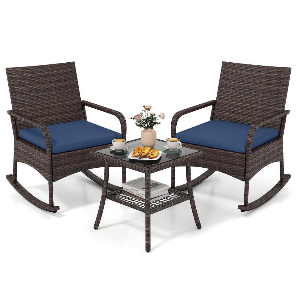 3-Piece Rocking Bistro Set with Cushions & Side Table