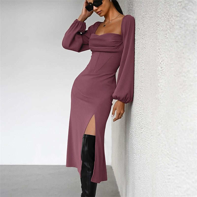 Solid Color Long Sleeve Square Neck High Waisted Side Slit Back Bandage Dress

Enhanced Version: "Square Neck Long