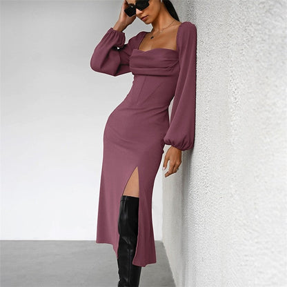 Solid Color Long Sleeve Square Neck High Waisted Side Slit Back Bandage Dress

Enhanced Version: "Square Neck Long