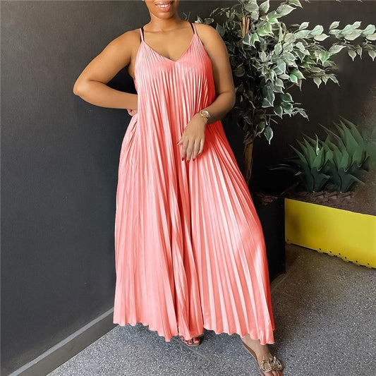 Solid Color Halter Pleated A-Line Dress