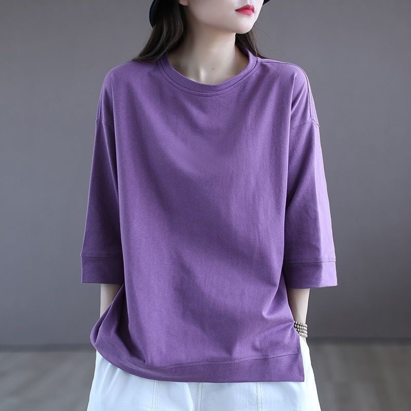 Solid Color Slim Fit Cotton 7/8 Sleeve T-Shirt