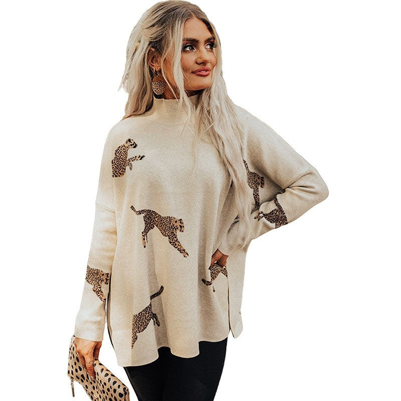 Loose High Neck Sweater With Printed Hem Slit