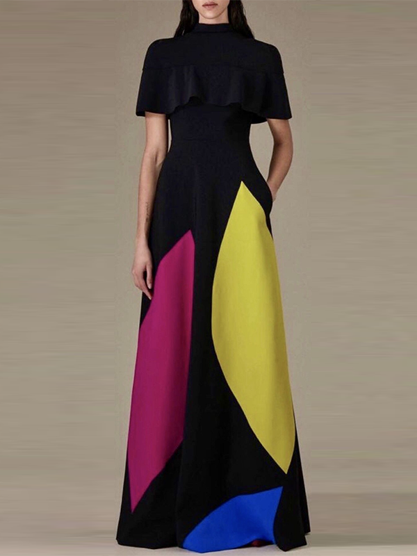 Loose Short Sleeves Contrast Color Stand Collar Maxi Dresses