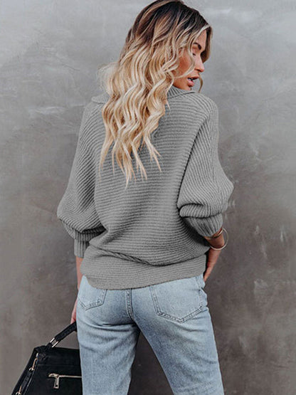 Long Sleeves Solid Color Lapel V-Neck Sweater Tops