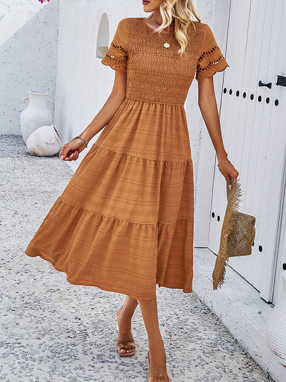 A-Line Loose Elasticity Hollow Solid Color Split-Joint Round-Neck Midi Dresses