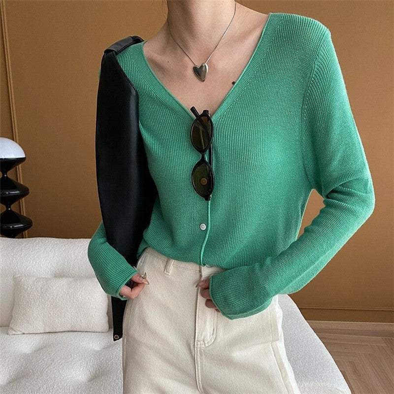 Solid Color V-Neck Ribbed Knit Cardigan