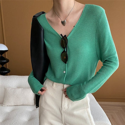 Solid Color V-Neck Ribbed Knit Cardigan