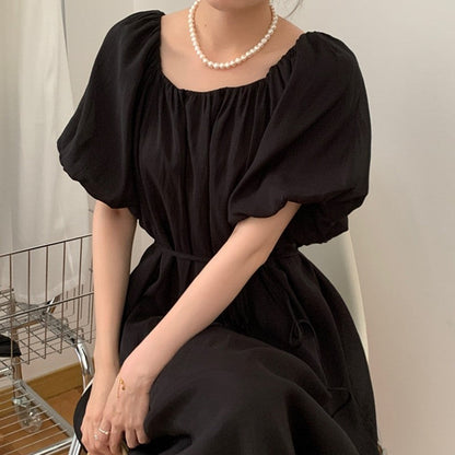 Solid Color Bubble Sleeve One-Shoulder Strap Pleated Dress
