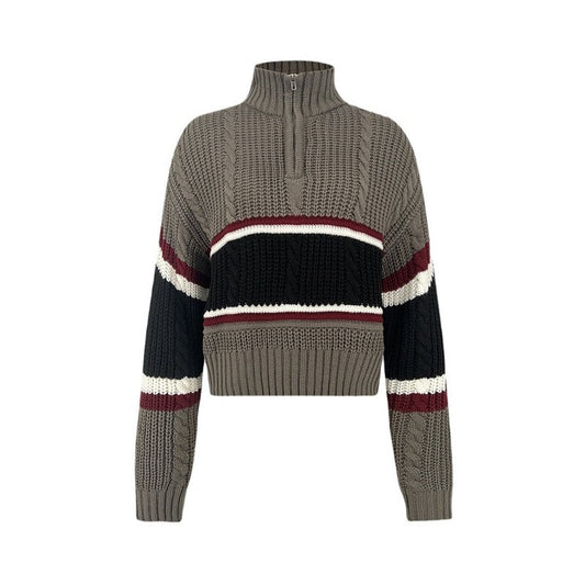 Half Zip, Half High Neck Sweater With Contrasting Colors