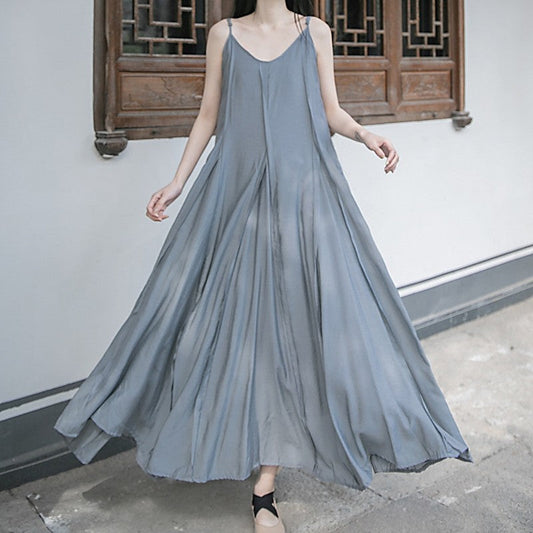 Solid Color Spaghetti Strap Sleeveless A-Line Maxi Dress with Full Hem