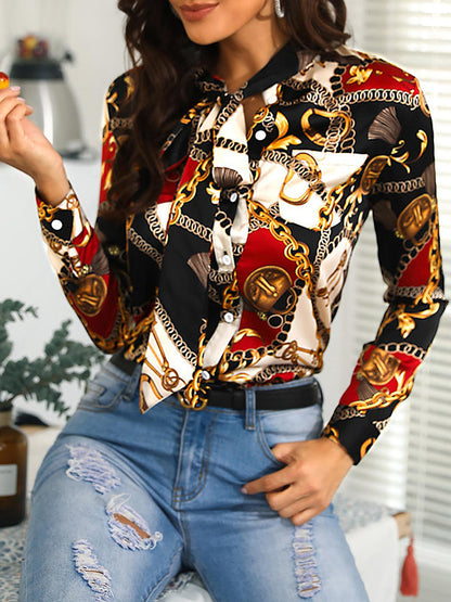 Long Sleeves Loose Buttoned Printed Tied Mock Neck Blouses&Shirts Tops