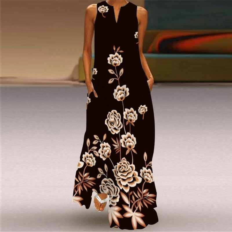 Sleeveless Printed V-Neck Casual Dress