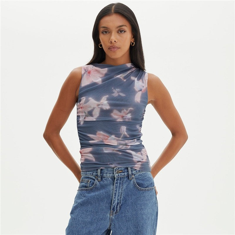 Printing Sleevelss Pleated Slim Tank Top