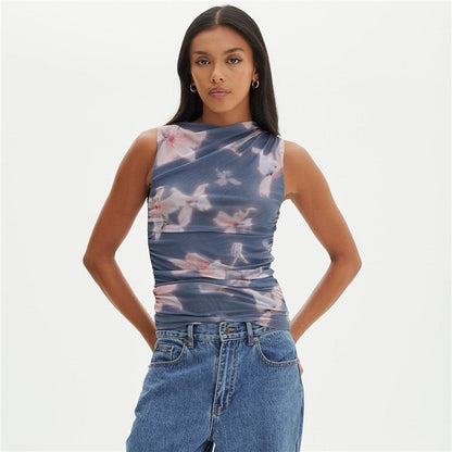 Printing Sleevelss Pleated Slim Tank Top