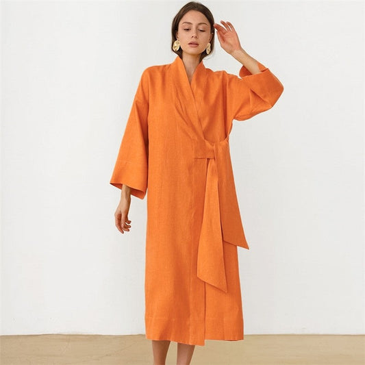 Flowy Cotton Linen Long Pajamas for Women in Solid Colors
