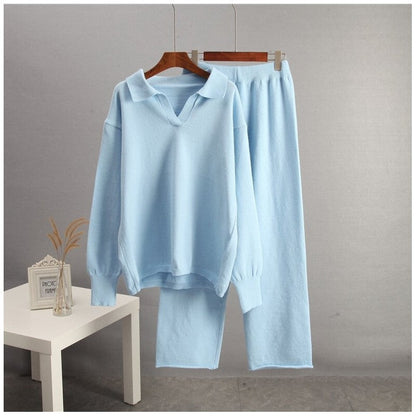 Solid Knit Sweater and Wide Leg Pants Set