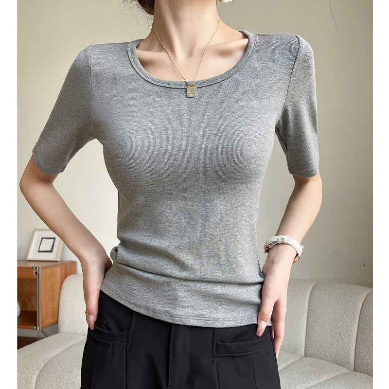 Striped Short-Sleeve T-Shirt with Round Neck in Solid Color