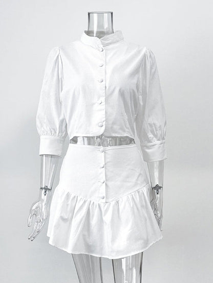 Half Sleeves Loose Buttoned Pleated Solid Color Split-Joint Stand Collar Blouses Top +  Skirts Bottom Two Pieces Set