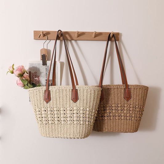 Straw Woven Tote with Hollow-Out Design and Spacious Interior