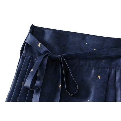 Phoenix Print Pleated Skirt with Chinese Style Waist Tie