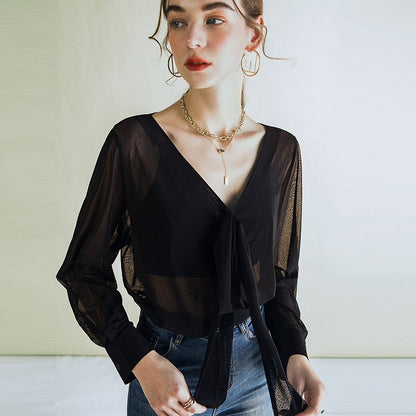 Solid Color V-Neck Bandage Long Sleeve Sheer T-Shirt
