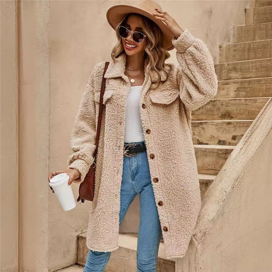 Solid Color Lapel Woolen Open-Front Overcoat