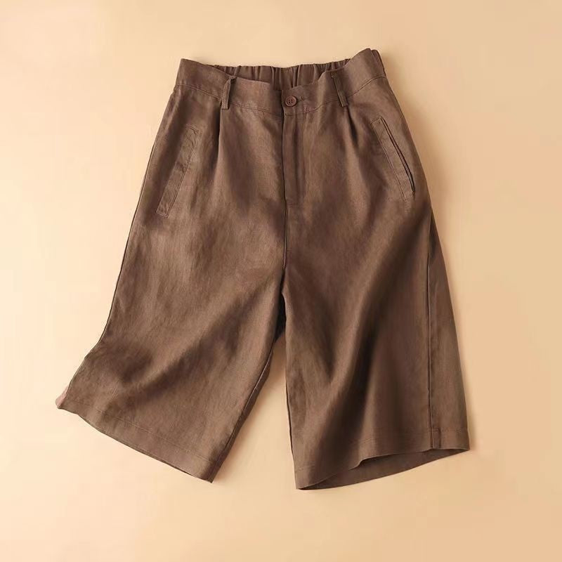 Women's Cotton And Hemp Loose Fit High Waist Wide Leg Elastic Shorts
