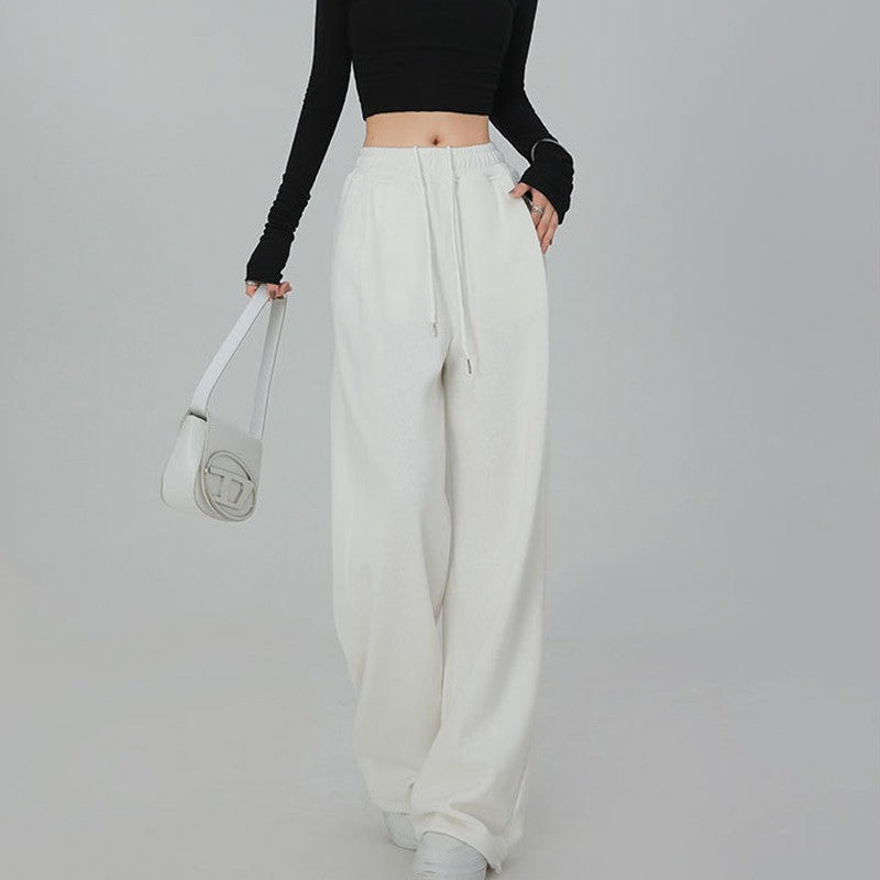 Casual Loose Wide Leg Drawstring Pants with Elastic Waist in Solid Color