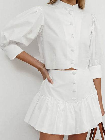 Half Sleeves Loose Buttoned Pleated Solid Color Split-Joint Stand Collar Blouses Top +  Skirts Bottom Two Pieces Set