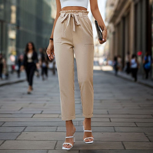 Elastic Waist Solid Color Long Pants